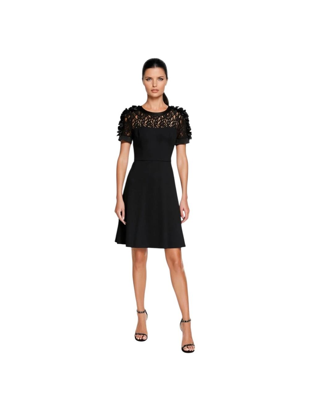 NWOT Shani Black Floral Applique Fit & Flare Crepe Dress – Sz 6